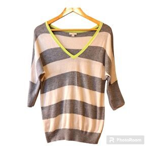 Gap Womens Sweater Green Gray Knit Striped Short Sleeve V-neck Preppy Style -XS